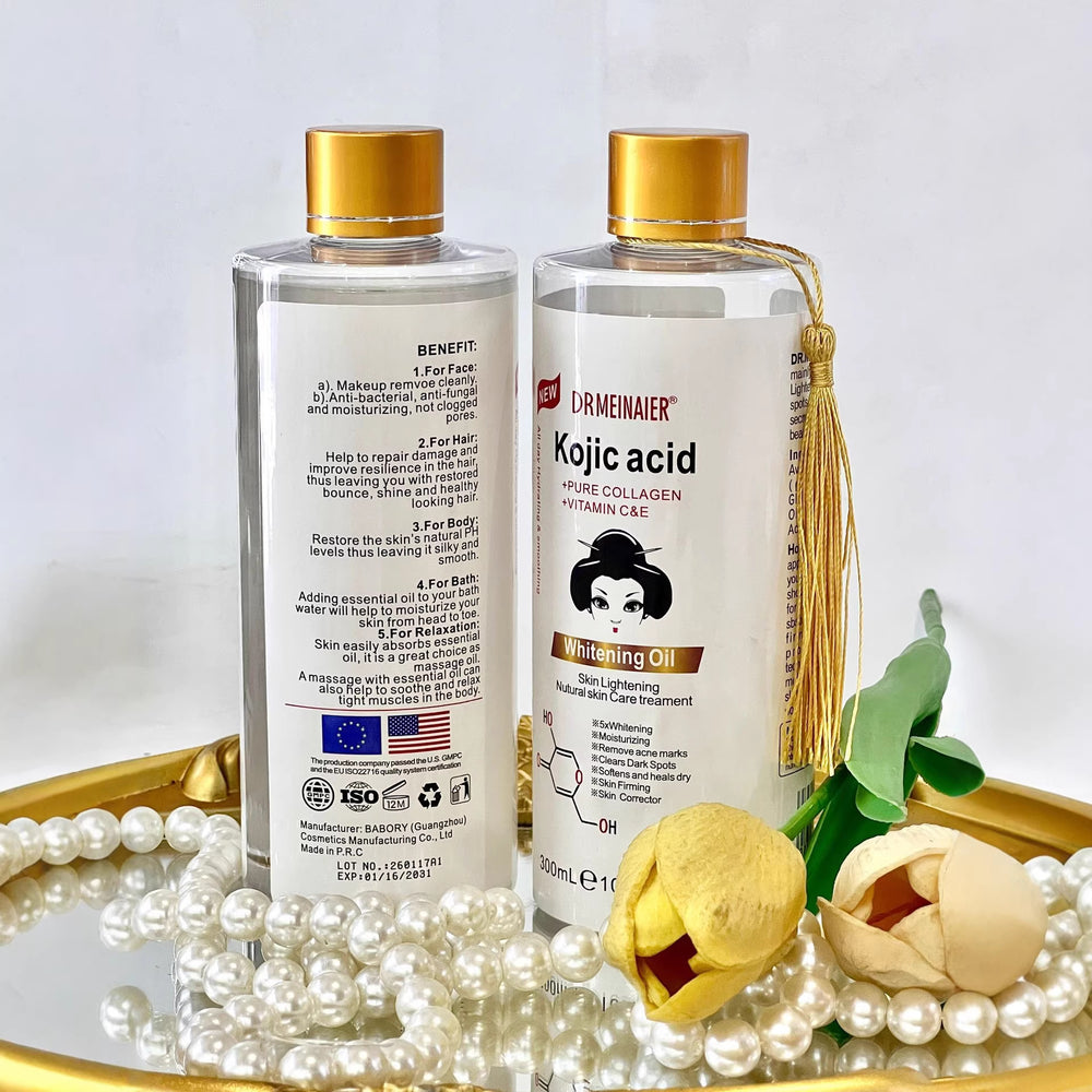 kojic acid essence oil 300ml with collagen, vitamin c & a - facial, body, hair, and skin care brightening massage oil