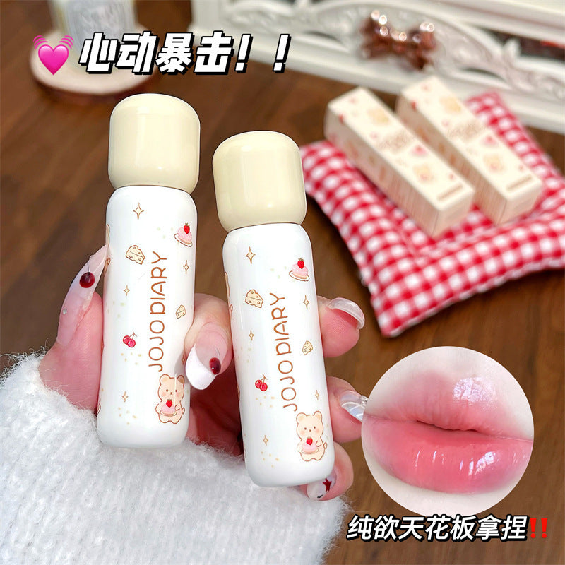 Jojo diary puff bear lip glaze clear watery glossy lips low saturation white student party lip gloss
