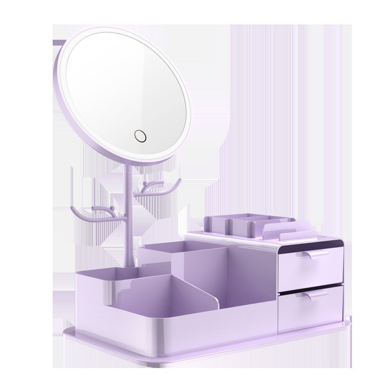 Led lighted makeup mirror, tri-color dimming, usb rechargeable, rotatable storage, girly plastic home glass mirror
