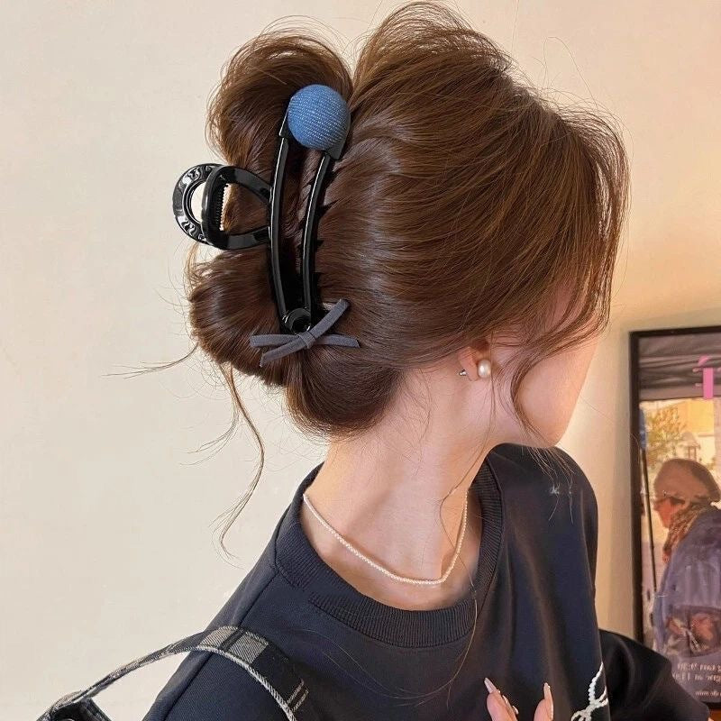 Bow round bead paper clip clip for women 2025 new high-end shark clip large hair clip back of head hair accessories