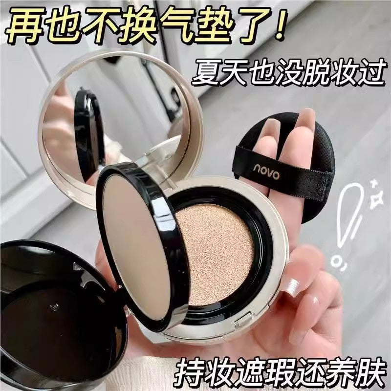 Novo double layer cushion foundation 2-in-1: hydrating, moisturizing, concealing, setting, long-lasting, waterproof, and smudge-proof foundation
