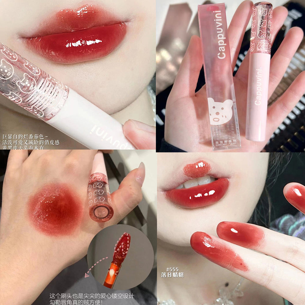 Kapavini bubble bear lip glaze for women mirror water glossy pouty lips moisturizing glass lip whitening lipstick