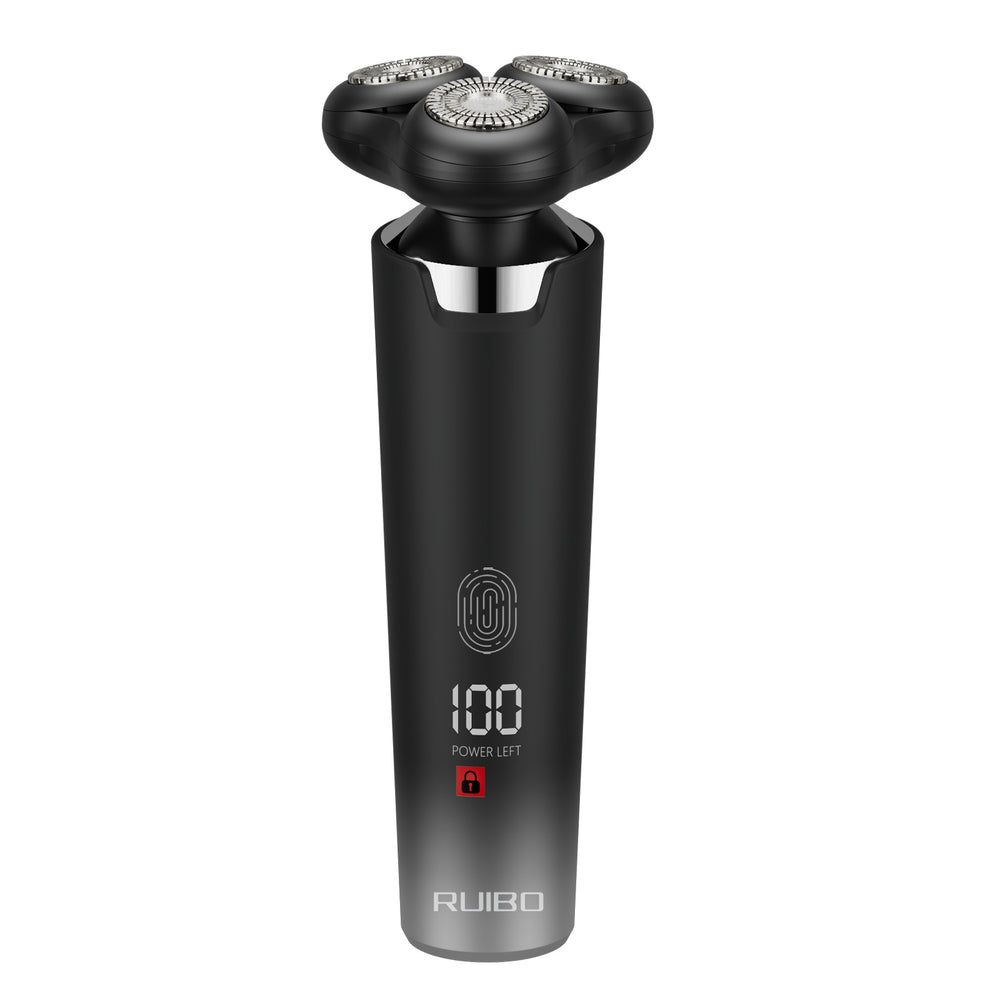 Rotary triple-blade electric shaver with fingerprint sensor, floating head, full body washable, led digital display, and quick charge