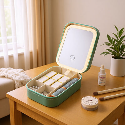 Cosmetic bag with led light, mirror, and desktop makeup organizer - portable, detachable, and partitioned storage for home use