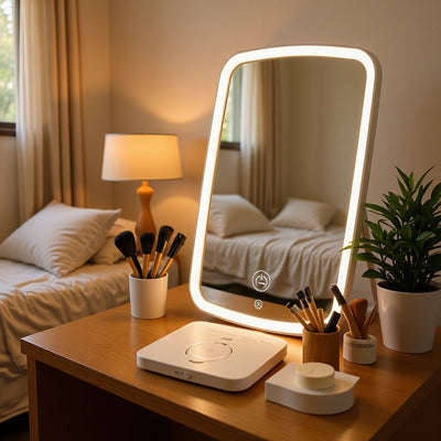 Led makeup mirror with light, desktop foldable vanity mirror, student dormitory plastic storage, home decor mirror