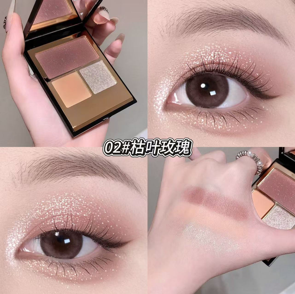Kakashow aurora shimmer tri-color eyeshadow palette - matte, shimmer, and fine glitter - everyday versatile earth tones