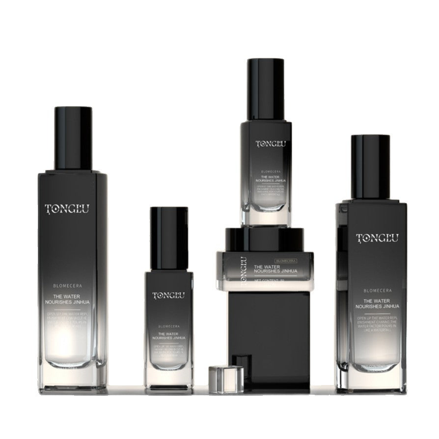 Ready-to-ship cosmetic glass bottle set packaging, including 120ml pump lotion/essential oil dispensing bottles and 50g skincare cream jars