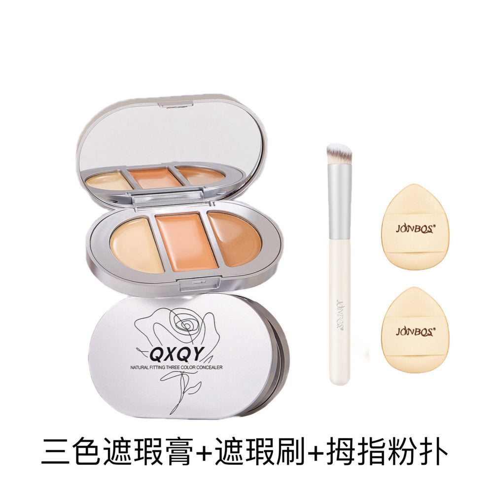 Qxqy natural fit tri-color concealer - glides on smoothly, brightens, covers blemishes, dark circles, and tear troughs - beginner-friendly concealer palette