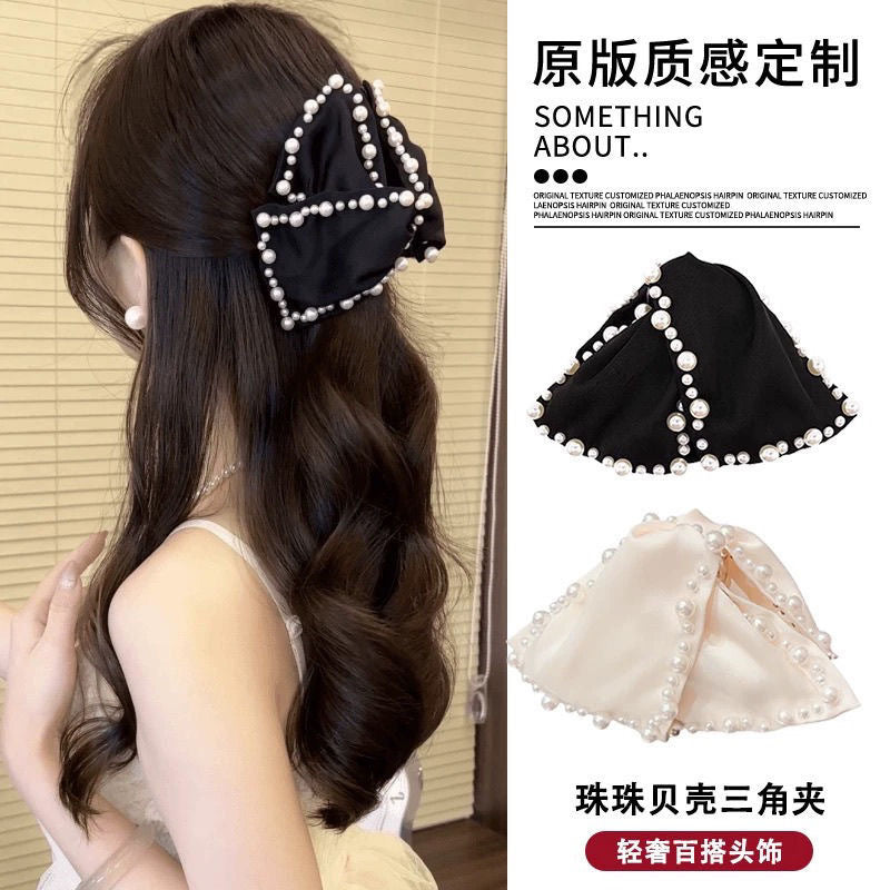 Satin pearl triangle clip fashionaccessible luxurybowsclassy hair clip exquisite back of head shark clip hair accessories