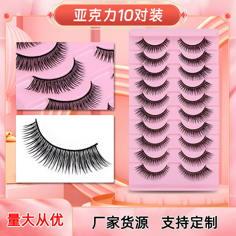 Fake eyelashes - no glue needed, 10 pairs acrylic natural simulation black stem thin stem comic eyelashes, one-piece cosplay makeup