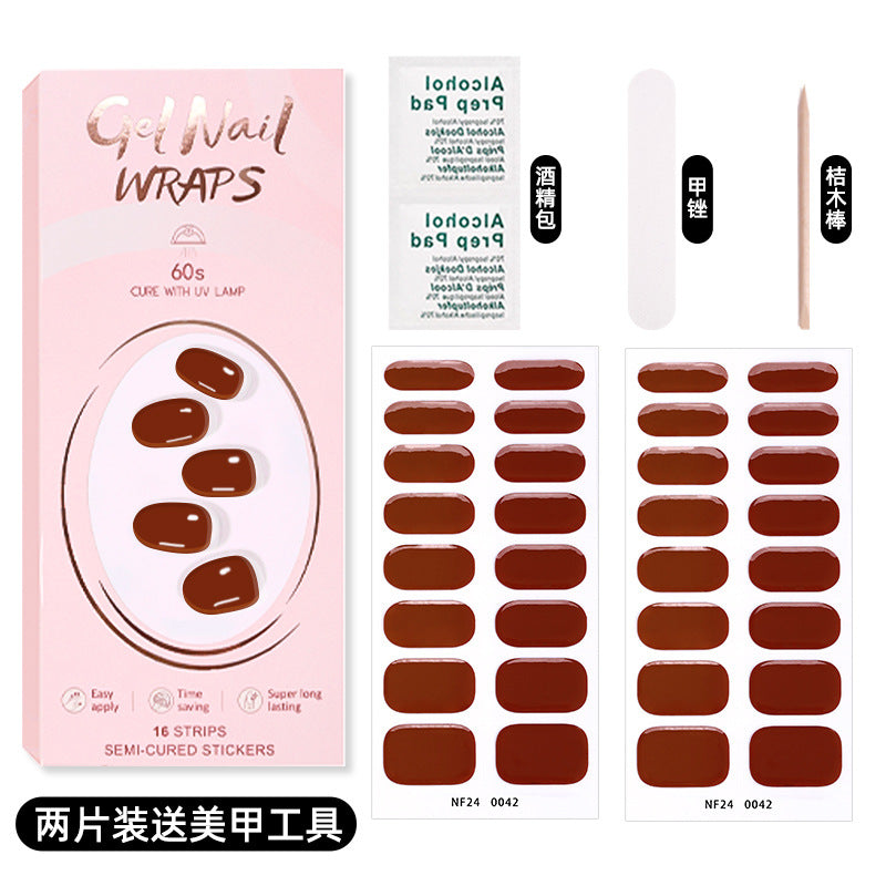 Zhengxiang custom gel nail stickers solid color 32 fingers two-piece set korean uv light semi-cured nail stickers waterproof