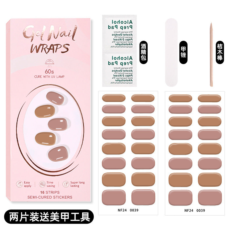 Zhengxiang custom gel nail stickers solid color 32 fingers two-piece set korean uv light semi-cured nail stickers waterproof