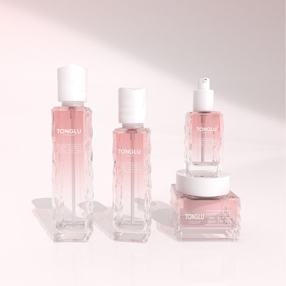 Ready-to-ship cosmetic glass bottle set packaging, including 120ml lotion/serum glass bottles and 50g cream jars, direct from the manufacturer
