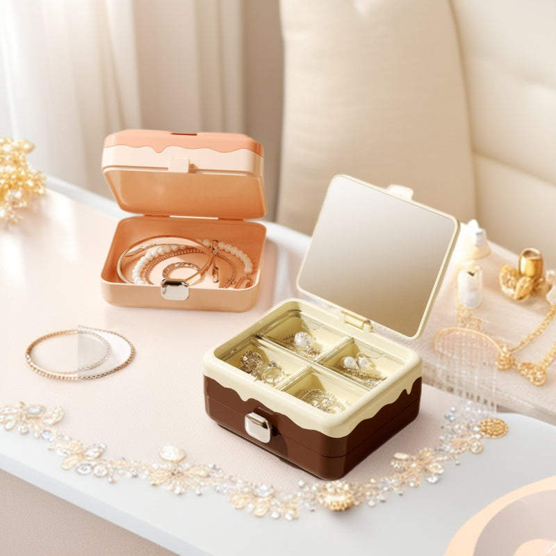 Portable jewelry box mirror organizer - plastic mini home storage jewelry case with glass mirror