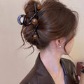 Korean style elegant beaded hair clip - vintage coffee brown, high-end back of head claw clip, chic shark clip hair accessory