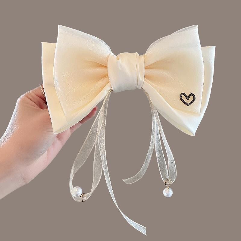 Korean style premium double-layer bow back-of-head spring clip ribbon pearl hair clip women's elegant hair accessory