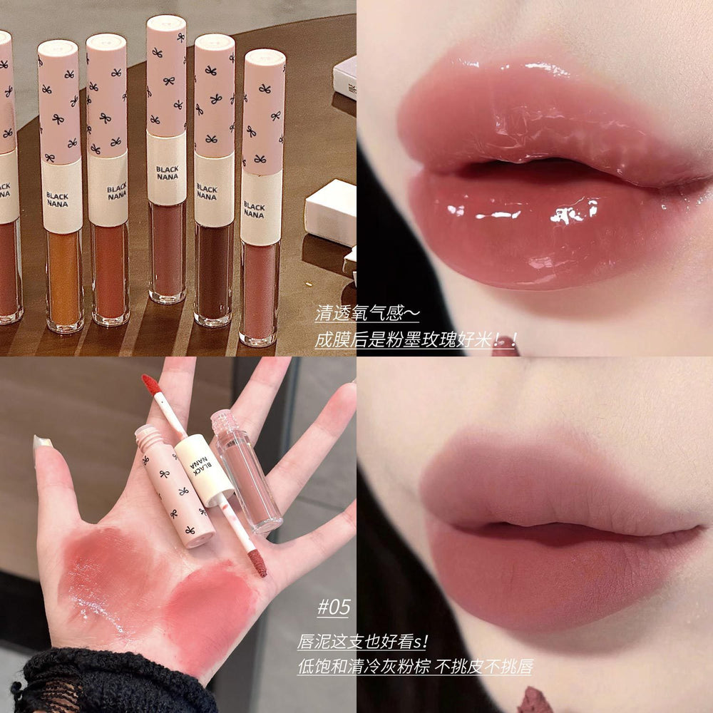 Black nana double-ended lip glaze - pink dew, instant brightening, watery gloss, mirror finish, velvet matte, and creamy lip clay