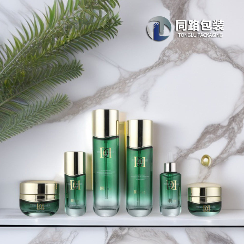 Ready-to-ship skincare sample glass bottles: 120ml spray, 100ml lotion, 40ml serum, 50g eye cream/balm set