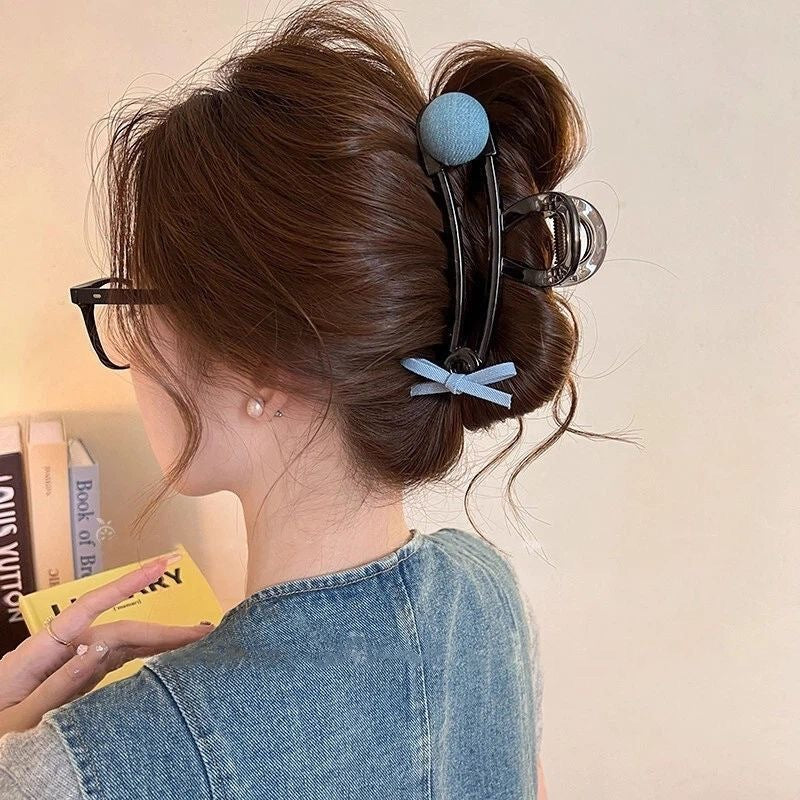 Bow round bead paper clip clip for women 2025 new high-end shark clip large hair clip back of head hair accessories