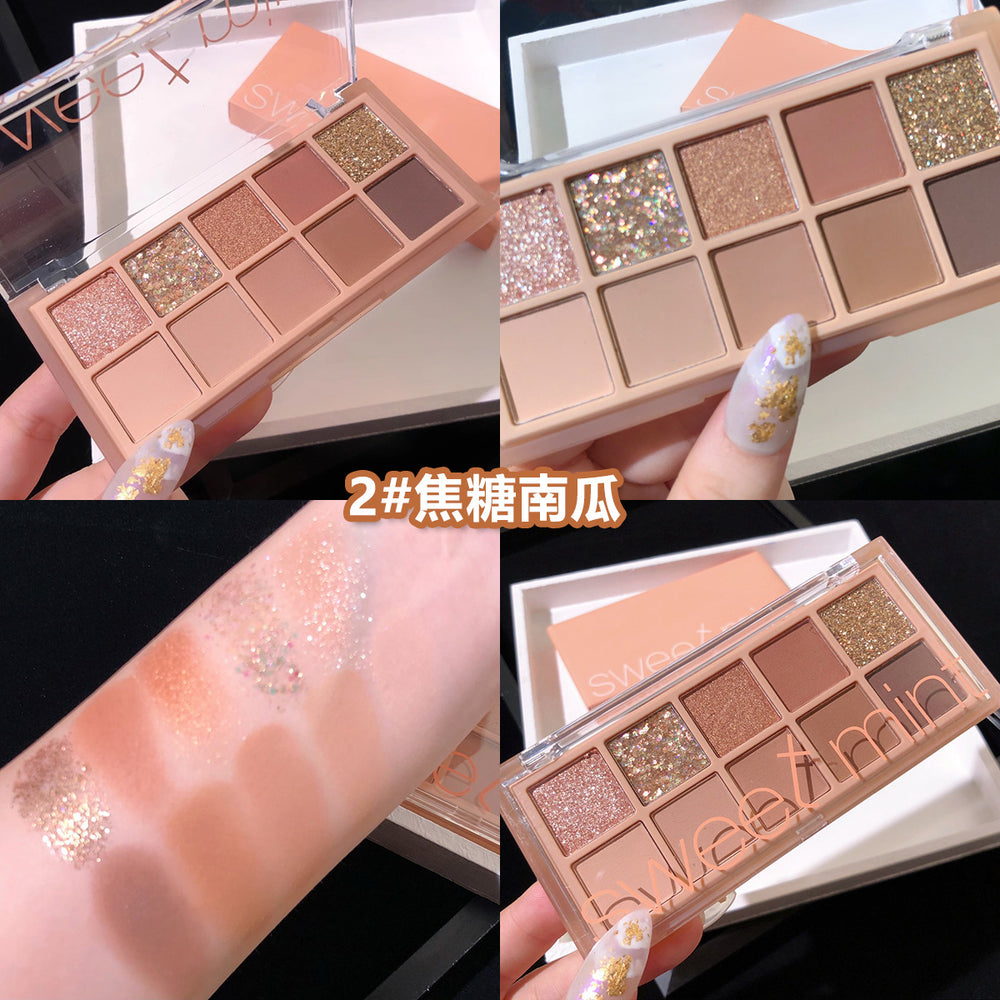 Sweet mint ten-color eyeshadow palette - shimmer, matte, fine glitter - student-friendly, everyday, affordable, cement earth tones