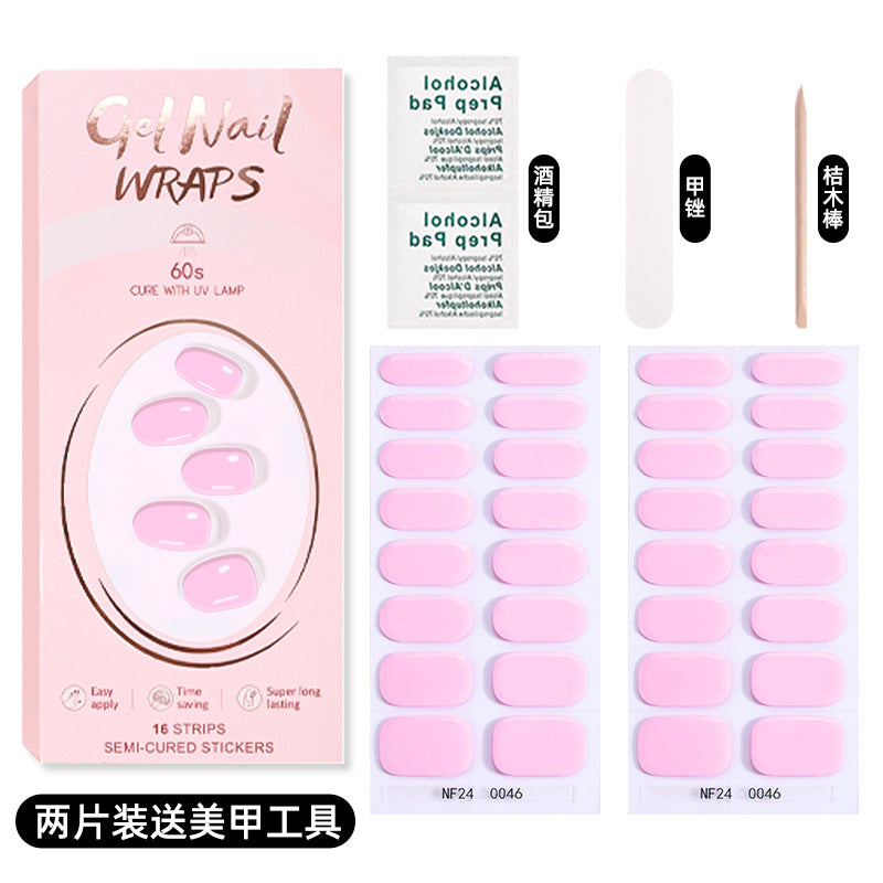 Zhengxiang custom gel nail stickers solid color 32 fingers two-piece set korean uv light semi-cured nail stickers waterproof