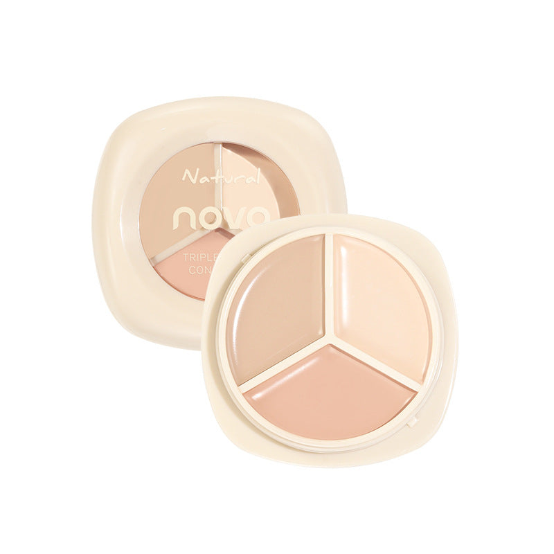Novo three-color concealer covers facial spots, acne marks, dark circles, tear troughs, brightens and repairs without powder sticking