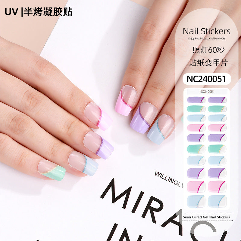 Zhengxiang customized second generation uv gel nail art stickers french onion powder baking lamp hardened semi-cured nail stickers wholesale