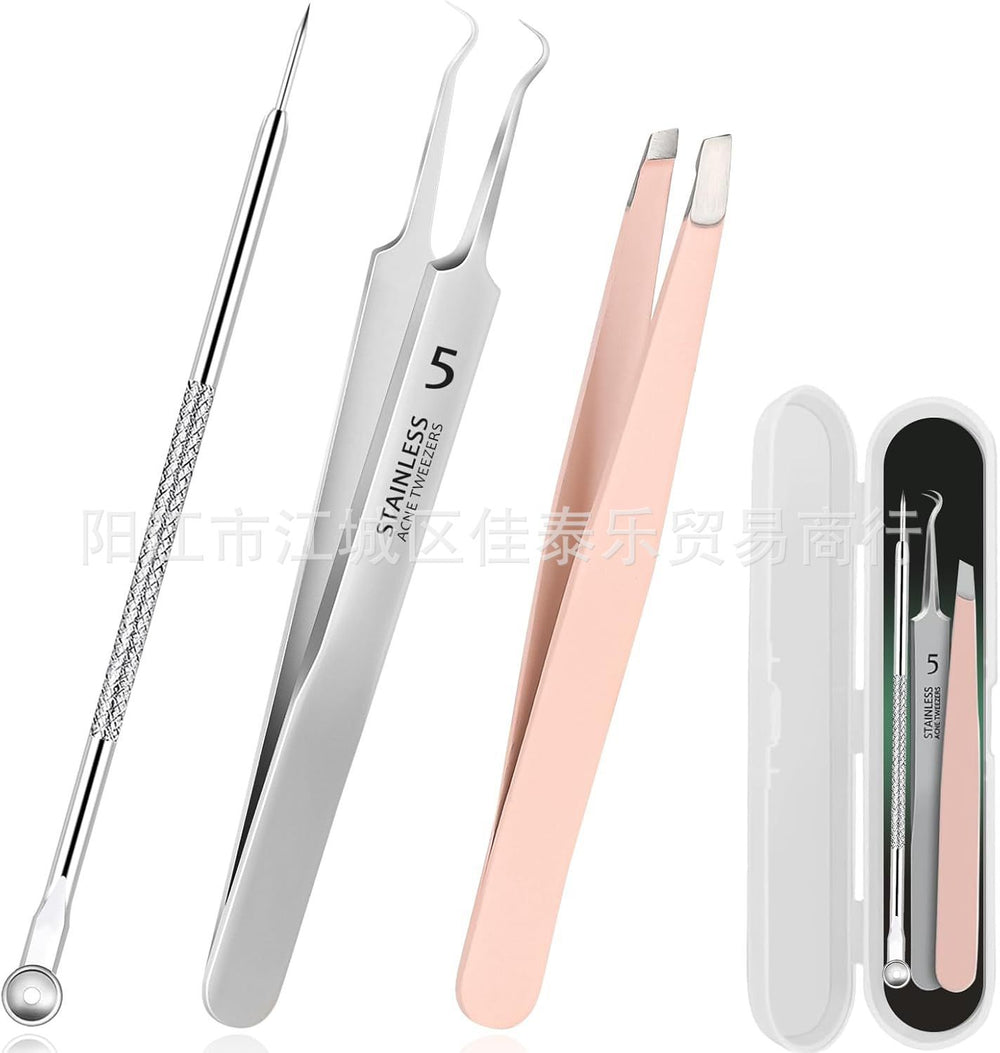 stainless steel oblique eyebrow clip super sharp cell clip straight clip hook clip three-piece set acne needle beauty set