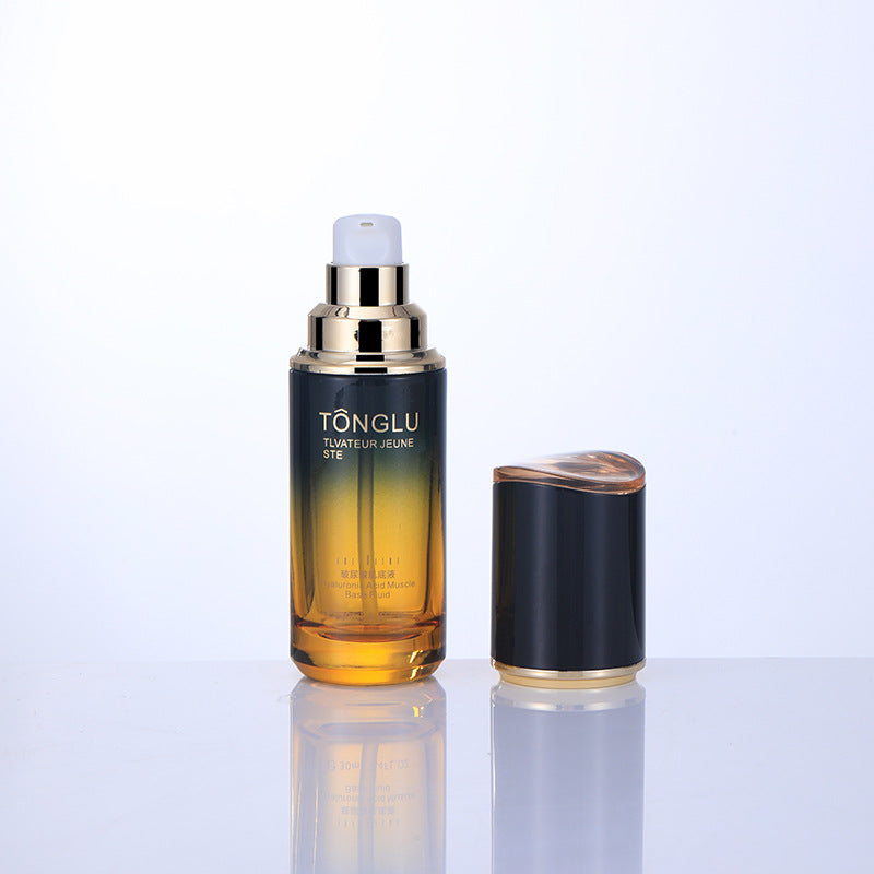 Ready-to-ship cosmetic glass bottles and packaging materials, including 100ml lotion and serum dispensing bottles with pump heads, and 50g eye cream jars