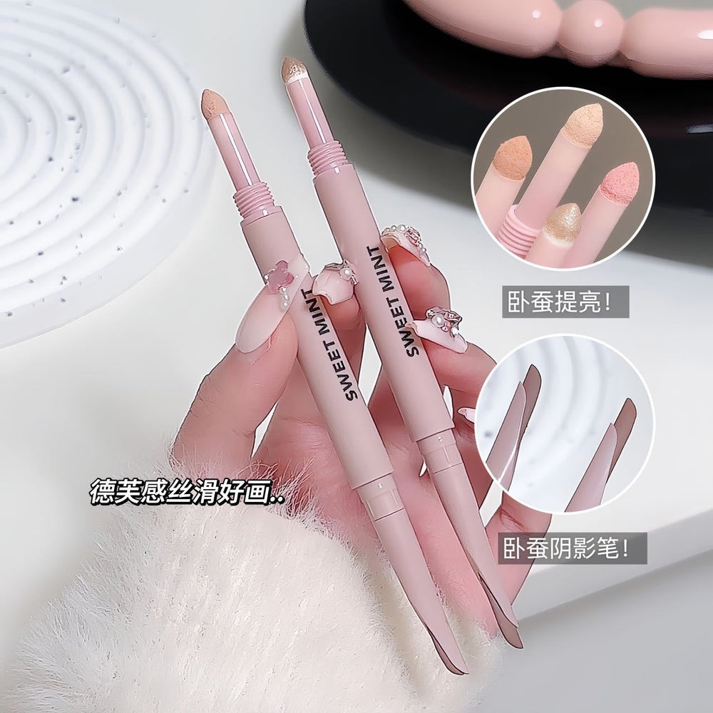 Sweet mint crescent double-ended under-eye brightening pen - 2-in-1 shadow & highlight, waterproof, sweat-proof, smudge-proof, lower eyelid application