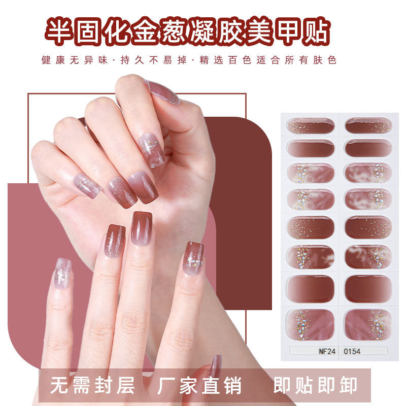 Zhengxiang customized gel manicure stickers ins ice transparent hot stamping cross-border uv lamp hardening semi-baked nail stickers amazon