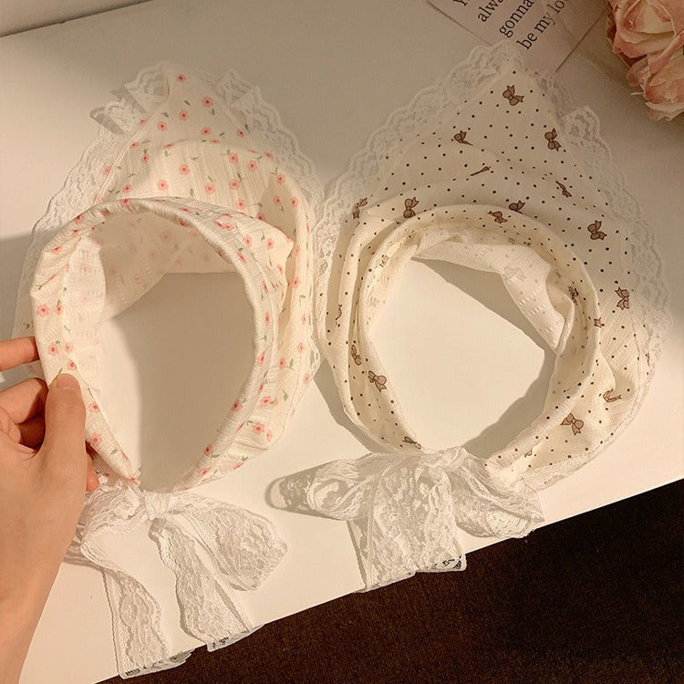 Korean style new fairy style all-over print lace tie-up women's headband - perfect for travel, outdoor activities, and sun protection - triangle scarf