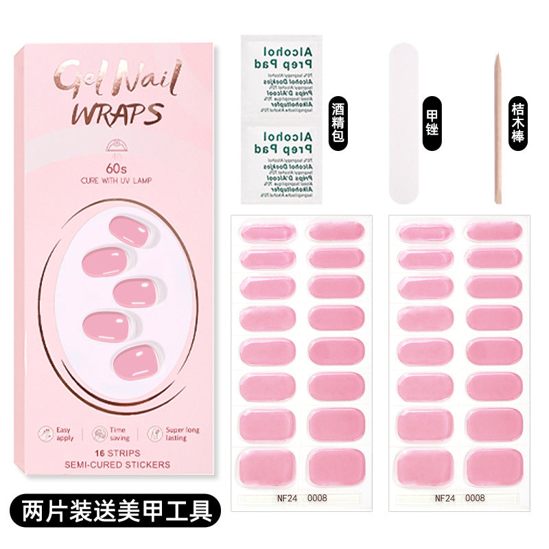Zhengxiang custom gel nail stickers solid color 32 fingers two-piece set korean uv light semi-cured nail stickers waterproof