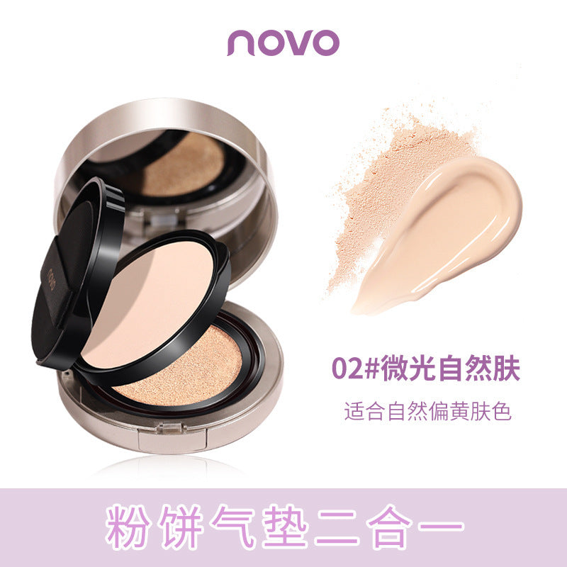 Novo double layer cushion foundation 2-in-1: hydrating, moisturizing, concealing, setting, long-lasting, waterproof, and smudge-proof foundation