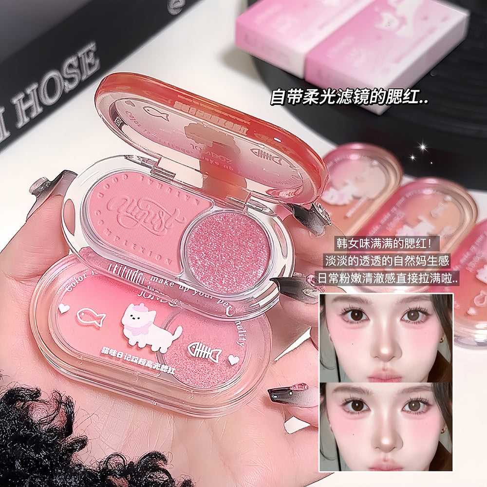 Jonbos cat diary cheek highlighter blush palette - all-in-one, fine shimmer, high-shine, waterproof, dual-color contouring palette for women