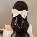 Korean style premium double-layer bow back-of-head spring clip ribbon pearl hair clip women's elegant hair accessory