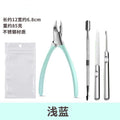 Light blue all-steel eagle-beak pliers + nail file + dead skin fork + steel pusher + white pearlescent bag