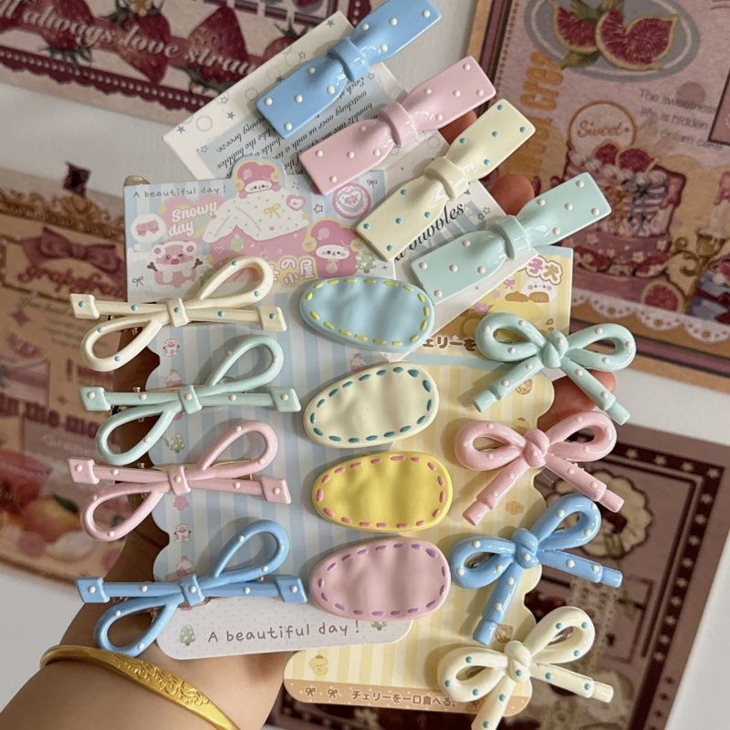 Cute milk blue polka dot bow hair clip bangs clip broken hair side clip girl forehead duckbill clip hair clip