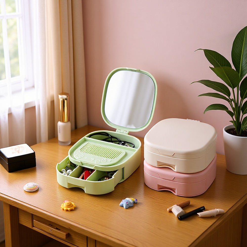 Portable desktop organizer with hd makeup mirror - foldable dorm room tabletop plastic home mirror for jewelry storage