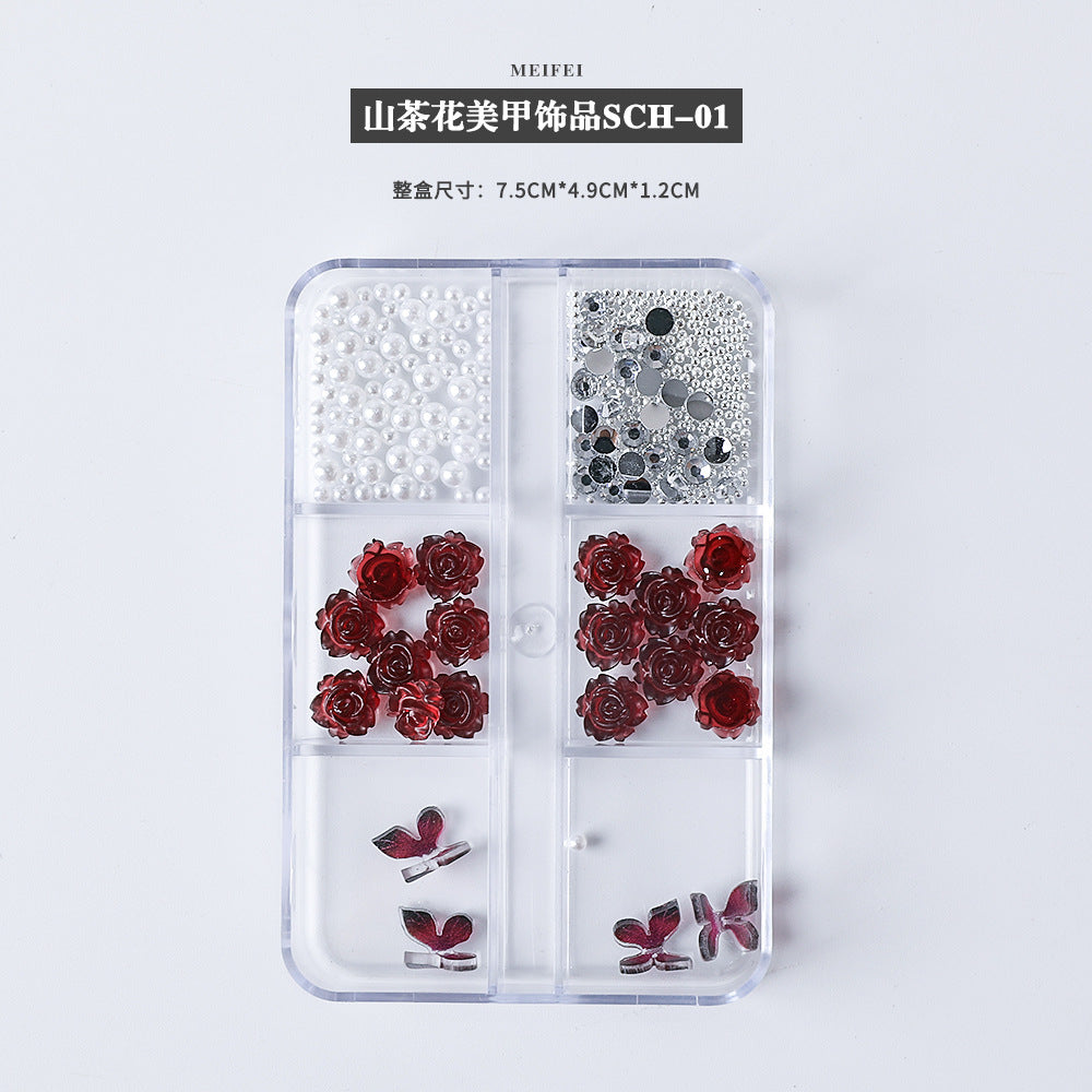 Dopamine manicure accessories, hot girl red camellia, xiaohongshu popular material package, fujino coral butterfly decorations