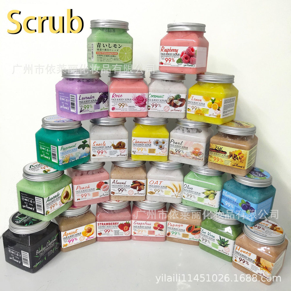 fruit scented bath salt, whole body exfoliating chicken skin square bottle scrub, deep cleansing bath mud rub 500g