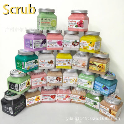 fruit scented bath salt, whole body exfoliating chicken skin square bottle scrub, deep cleansing bath mud rub 500g