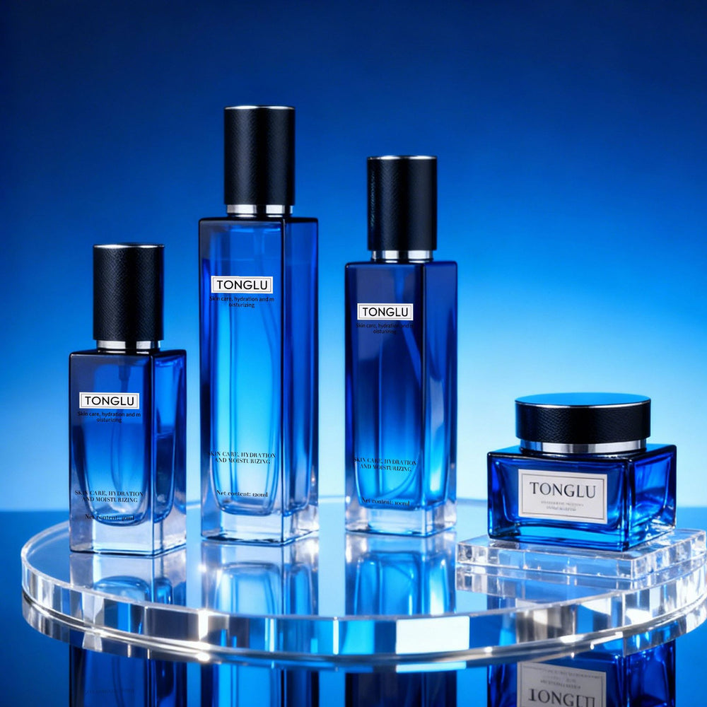 Ready-to-ship premium square glass cosmetic bottle set: 120ml lotion/essential oil sub-bottles & 50g cream/emulsion empty jars