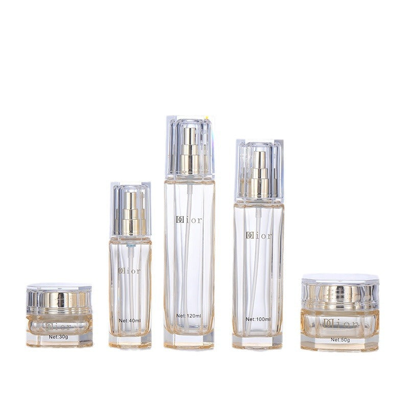 Ready-to-ship skincare glass bottle packaging: 40ml thick-bottomed essential oil bottles, pump lotion and serum dispensing bottles, and 30ml cream jars