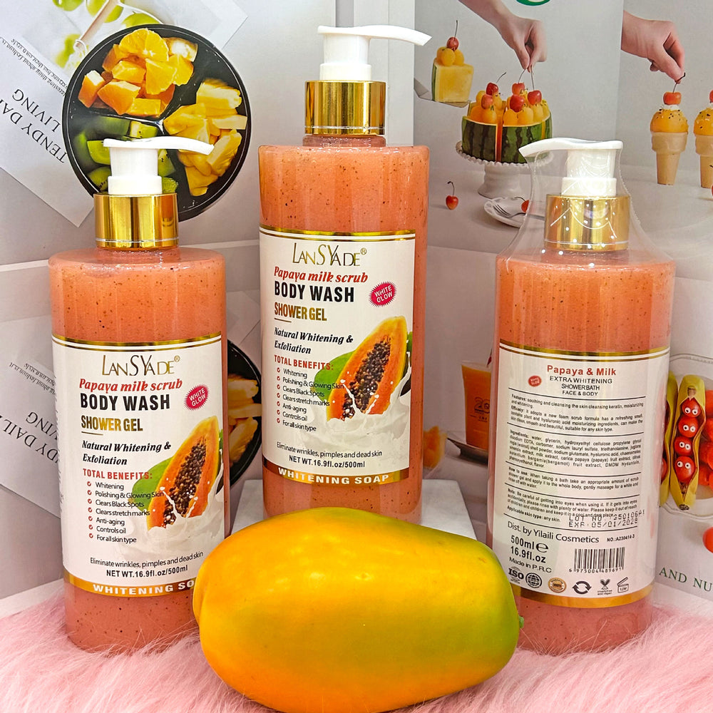 papaya scrub shower gel 500ml fruit fragrance mild bubble shower gel export wholesale