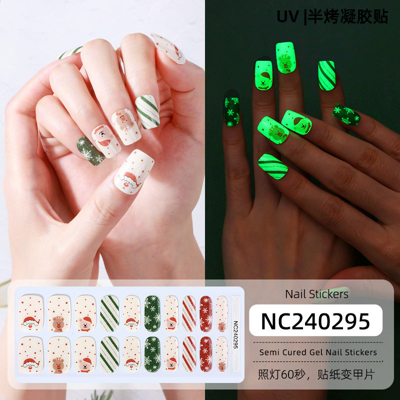 Zhengxiang christmas gel nail art stickers waterproof cartoon fluorescent cross-border fashionuv semi-cured nail stickers luminous