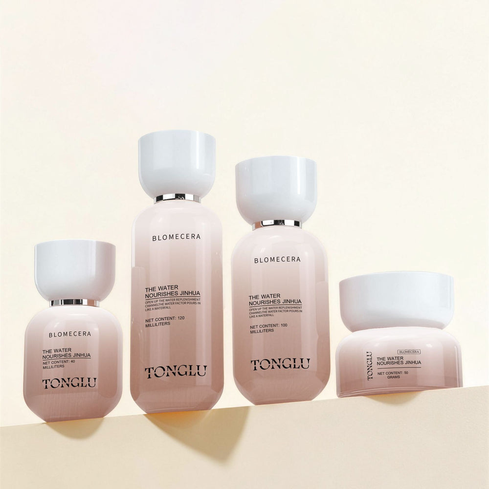 Ready-to-ship cosmetic glass bottle set packaging, including 120ml lotion/serum pump bottles and 50g cream/jar dispensing bottles