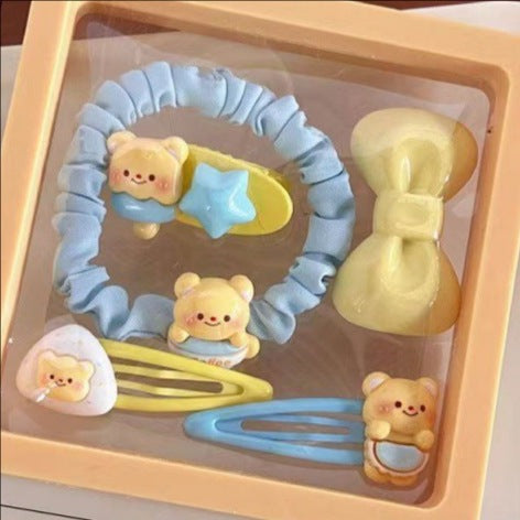 Cute custard bear series hair clip set - sweet & girly bang clips & high-elastic hair ties wholesale