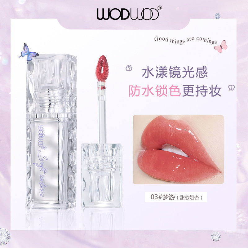 Wodwod mirror light water-permeable color-locking lip glaze clear water-gloss mirror quick-drying film-forming not easy to stick to the cup gray pink lipstick
