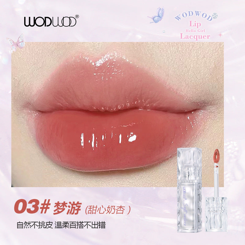 Wodwod mirror light water-permeable color-locking lip glaze clear water-gloss mirror quick-drying film-forming not easy to stick to the cup gray pink lipstick